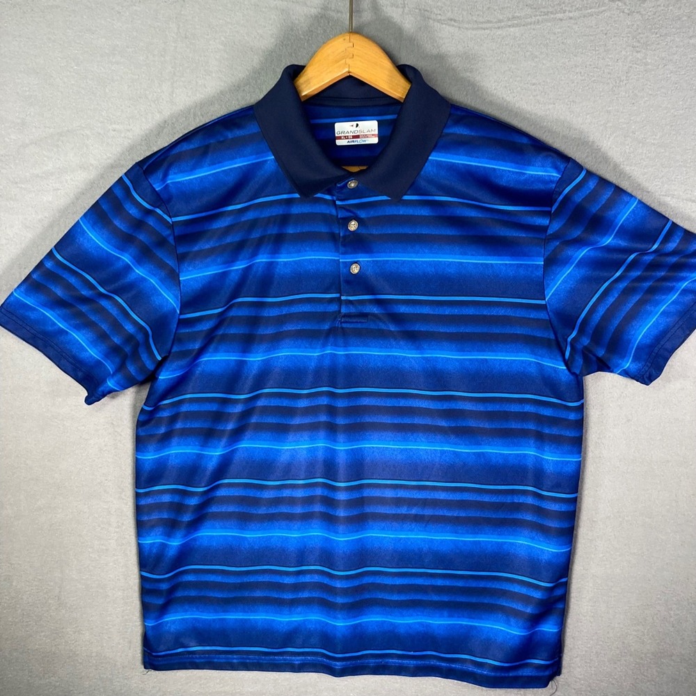 Grand Slam Mens Golf Polo Shirt XL Blue Striped Airflow Short‎ Sleeve